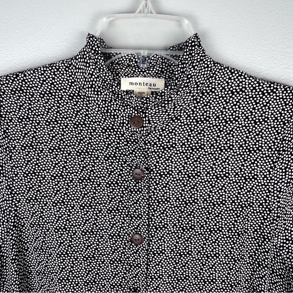 Black & White Polka Dot Dress Size Large Ruffle Neck & Sleeves Button Up & Belt - Picture 3 of 11